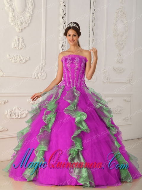 Hot Pink and Green Ball Gown Strapless Gorgeous Appliques ...