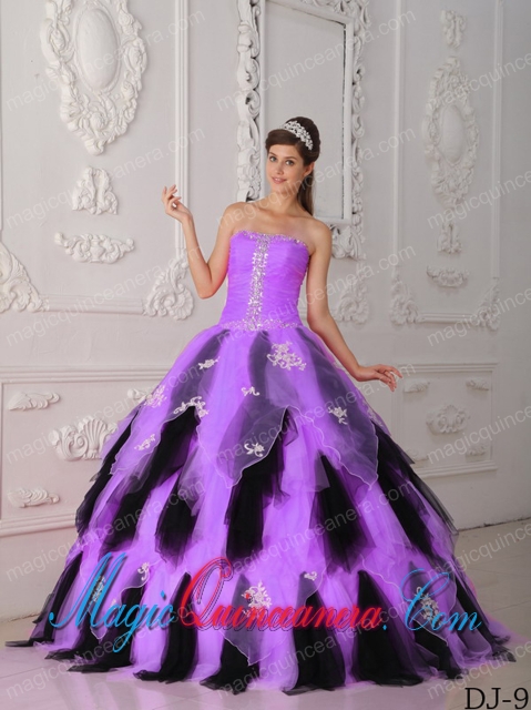 Lilac and Black A-Line Strapless Floor-length Organza Appliques Popular Quinceanera Dresses