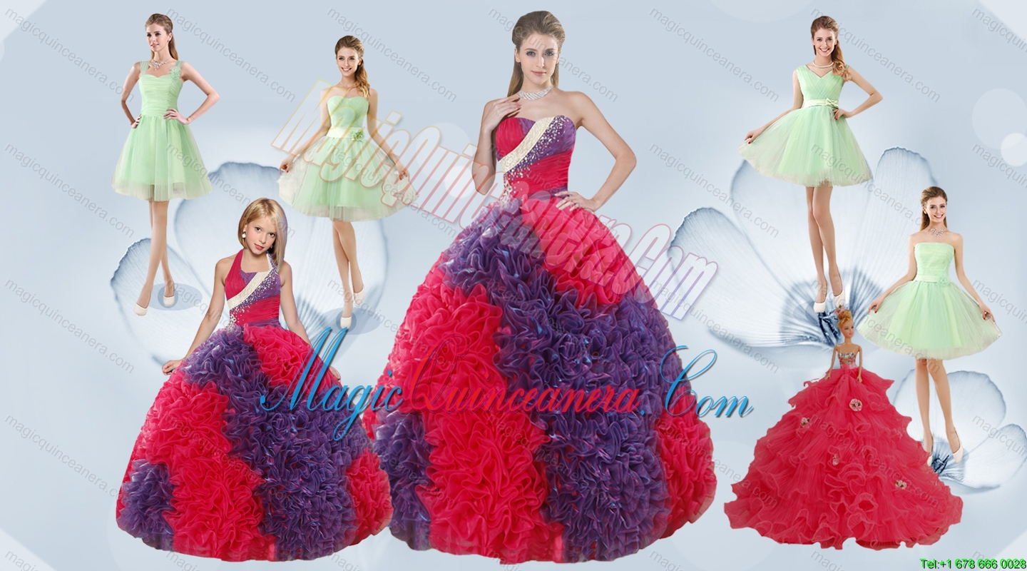 Elegant Ruffles Multi Color Quinceanera Dress and Apple Green Short Prom Dresses and Multi Color Halter Top Litter Girl Dress