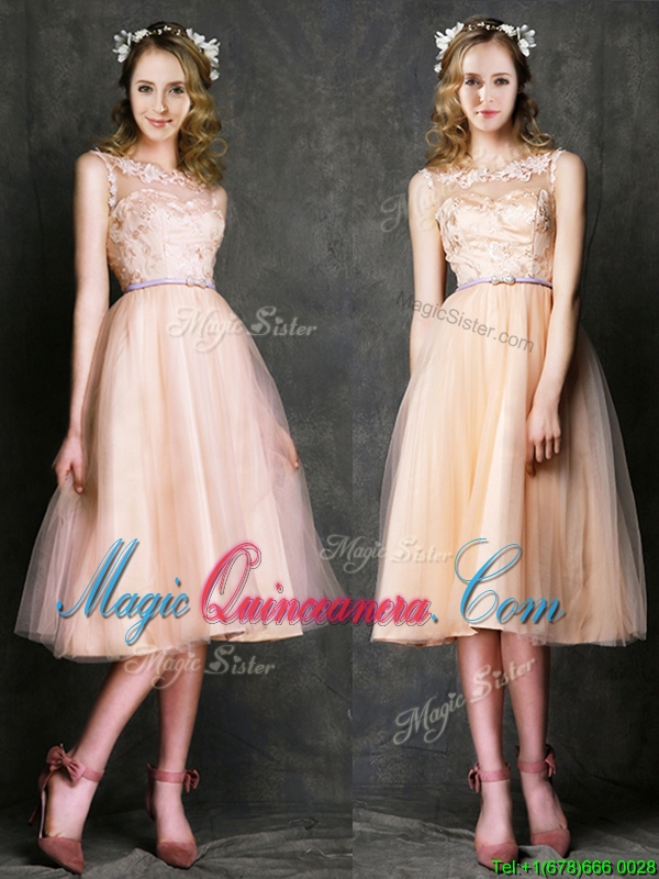 triumph Romantic Laced and Sashed Scoop Dama Dress in Peach