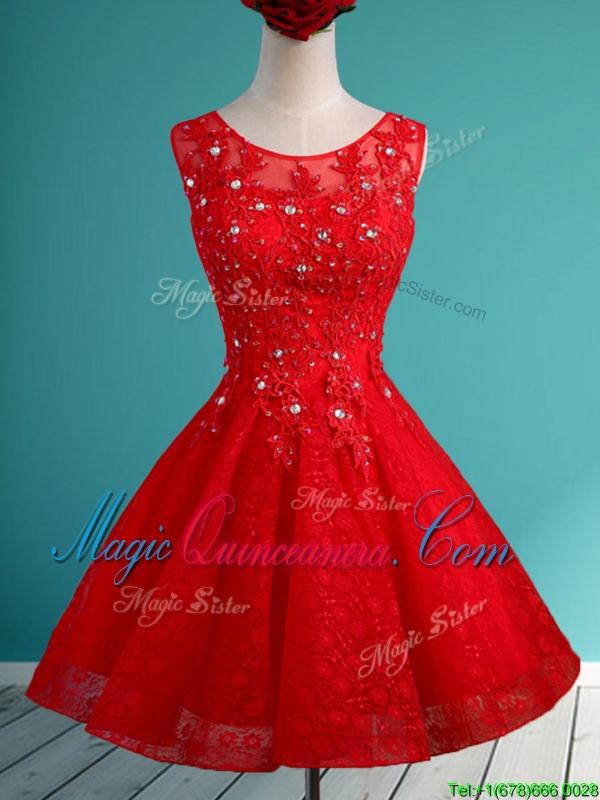 Popular Scoop Red Short Dama Dress with Beading and Appliques