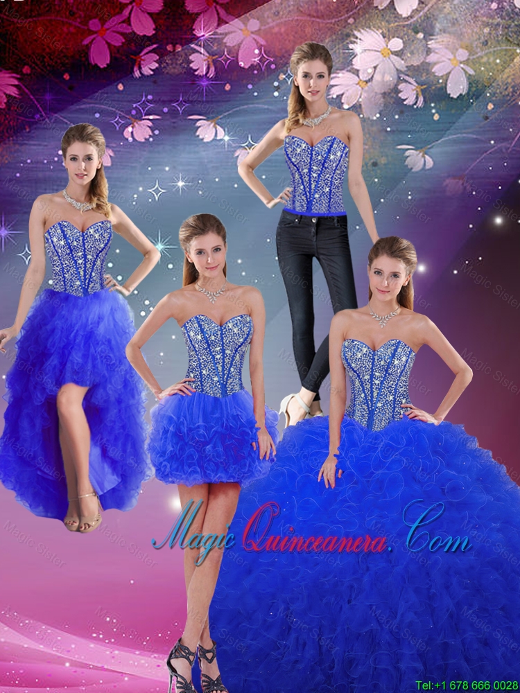 2016 Sweetheart Beaded and Ruffles Royal Blue Detachable Quinceanera Dresses