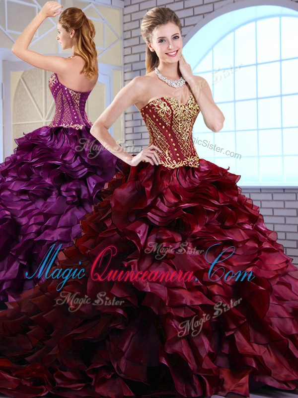 Couture Brush Train Ruffles and Appliques Quinceanera Gowns in Wine Red