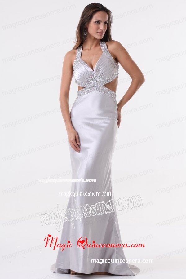 Brush Train Silver Column Halter Top Mother Dress with Beading