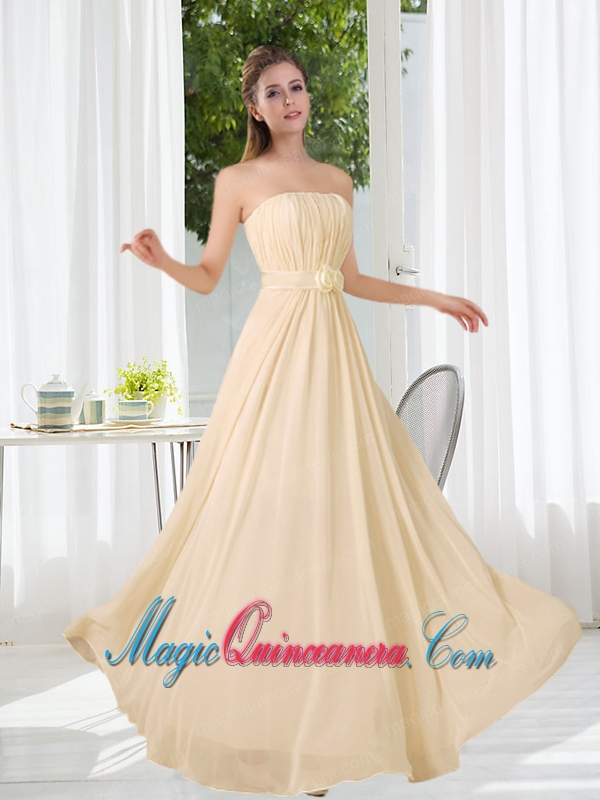 Empire Strapless Ruching and Belt Dama Dress with Floor Length