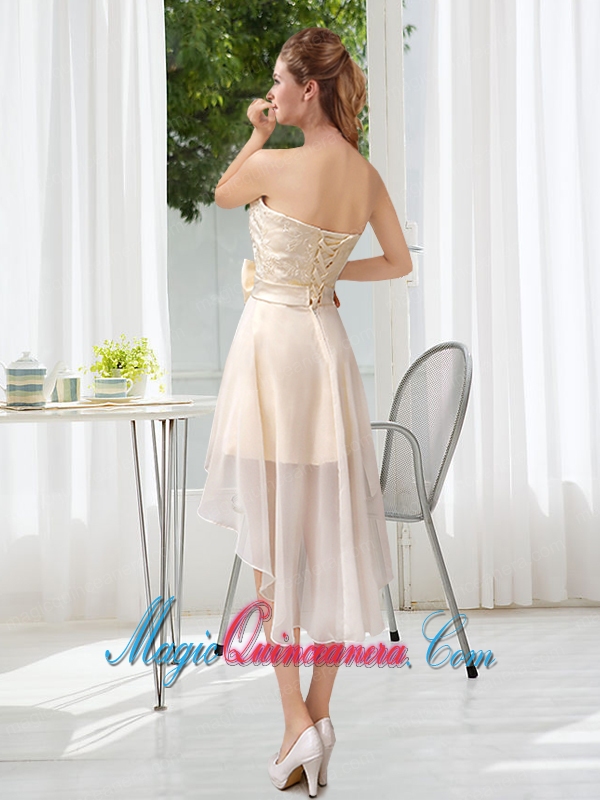Luxurious Strapless A Line Dama Dress with Belt and Lace