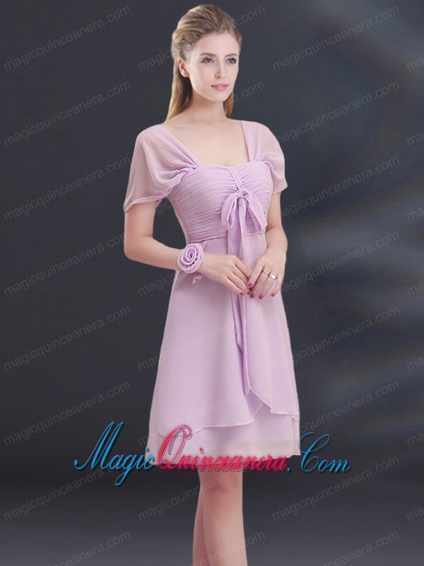 A Line Square Ruhing Dama Dress with Cap Sleeves