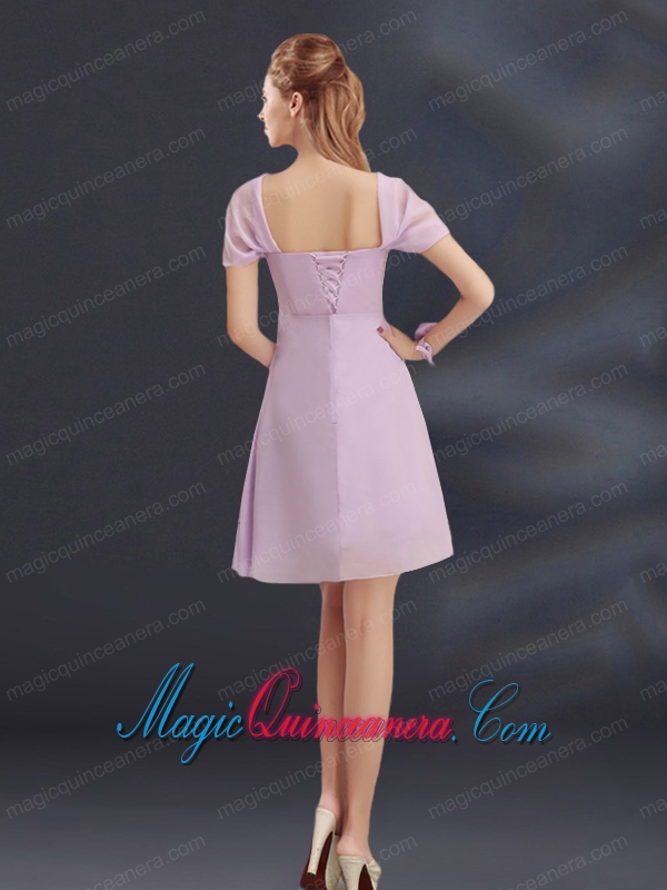 A Line Square Ruhing Dama Dress with Cap Sleeves