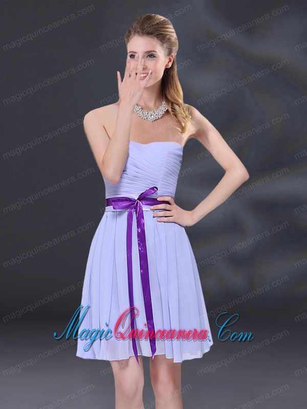 Ruching and Belt Chiffon Dama Dress in Lavender