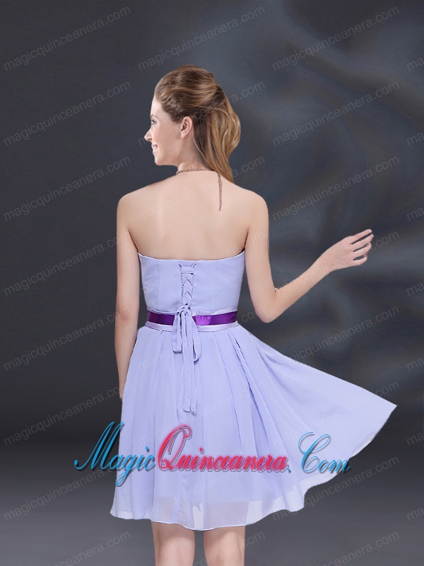 Ruching and Belt Chiffon Dama Dress in Lavender