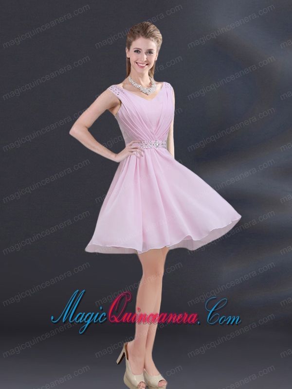 V Neck Beading 2015 Dama Dress with Ruching