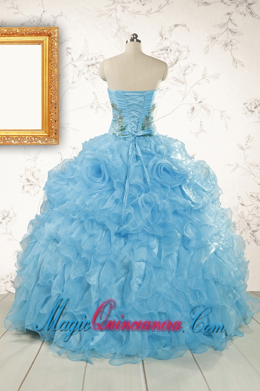 2015 New Style Ruffles Embroidery Strapless Quinceanera Dresses in Baby Blue