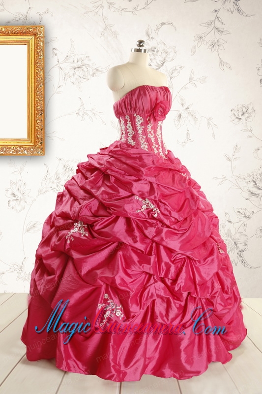 Cheap Appliques Coral Red Quinceanera Dress with Strapless