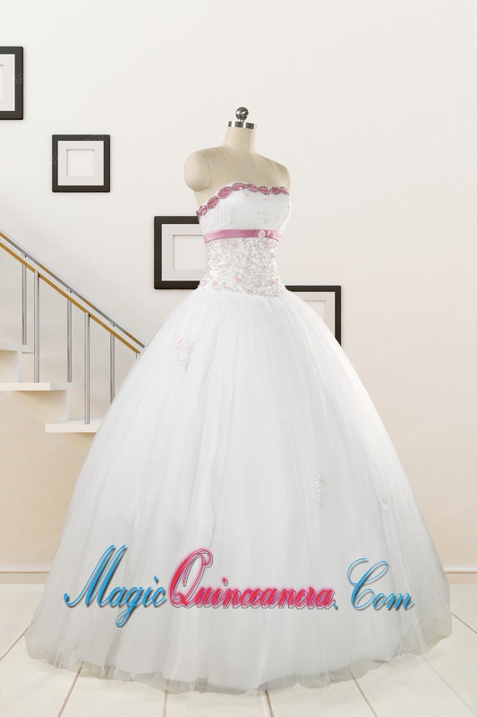 2015 Perfect White Strapless Appliques and Belt Quinceanera Dresses