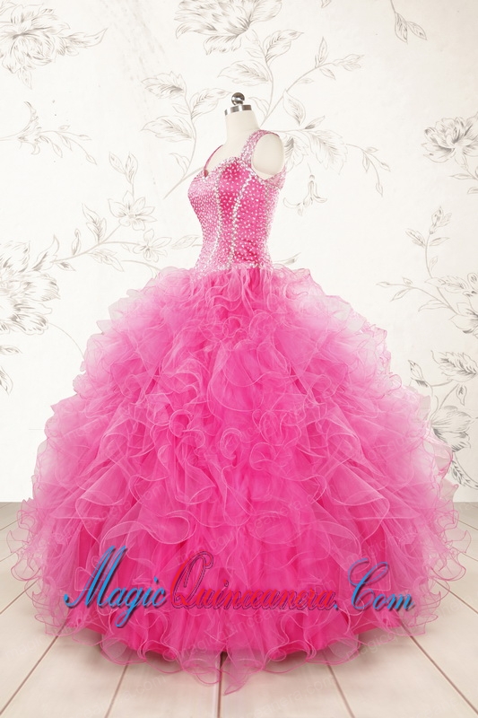 2015 Pretty Straps Hot Pink Quinceanera Dresses with Beading