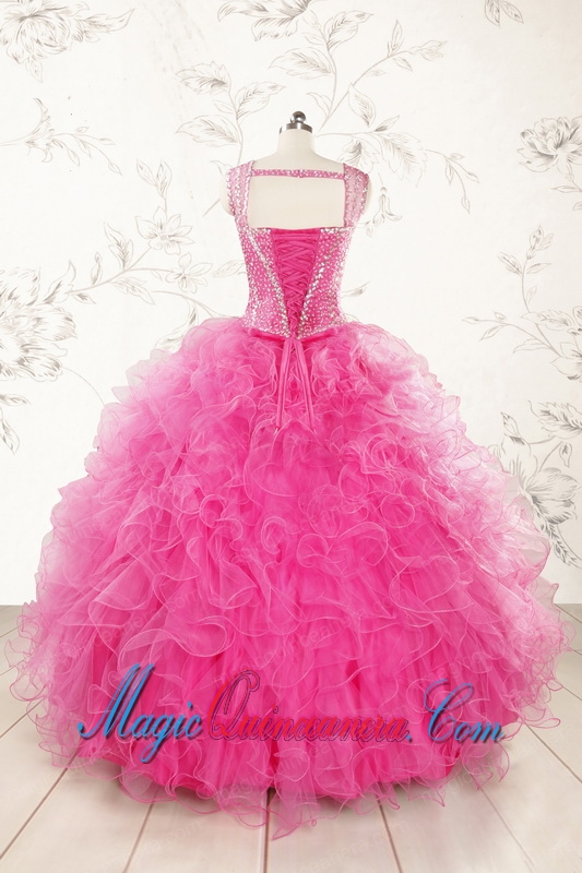 2015 Pretty Straps Hot Pink Quinceanera Dresses with Beading