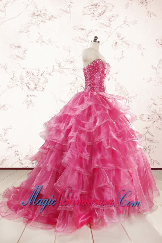 Hot Pink Sweetheart Beading Quinceanera Dresses with Brush Train