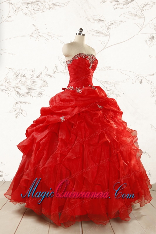 2015 Ball Gown Strapless Beading and Ruffles Red Sweet 15 Dresses