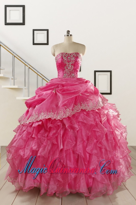 2015 Elegant Appliques and Ruffles Quinceanera Gowns in Hot Pink