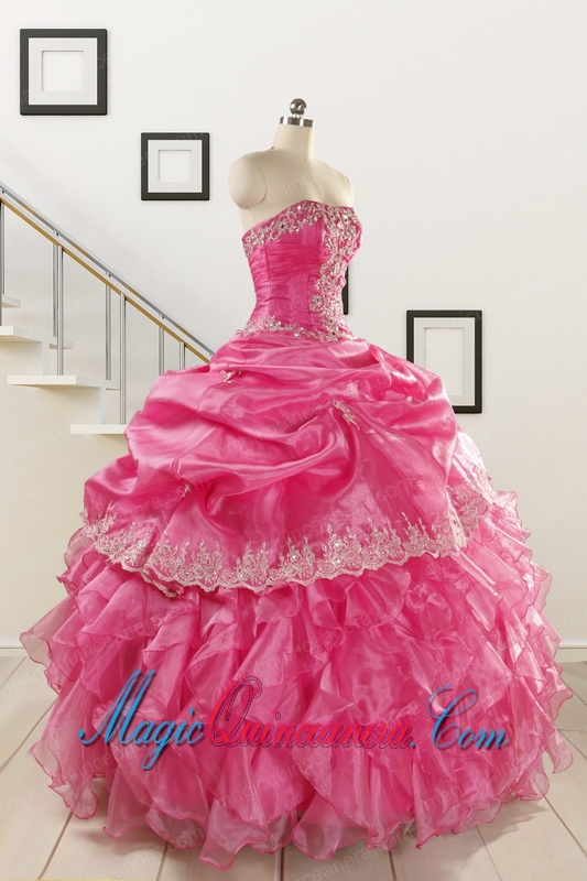 2015 Elegant Appliques and Ruffles Quinceanera Gowns in Hot Pink