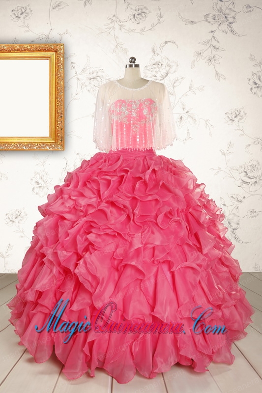 2015 Pretty Beading and Ruffles Hot Pink Quinceanera Dresses with Strapless