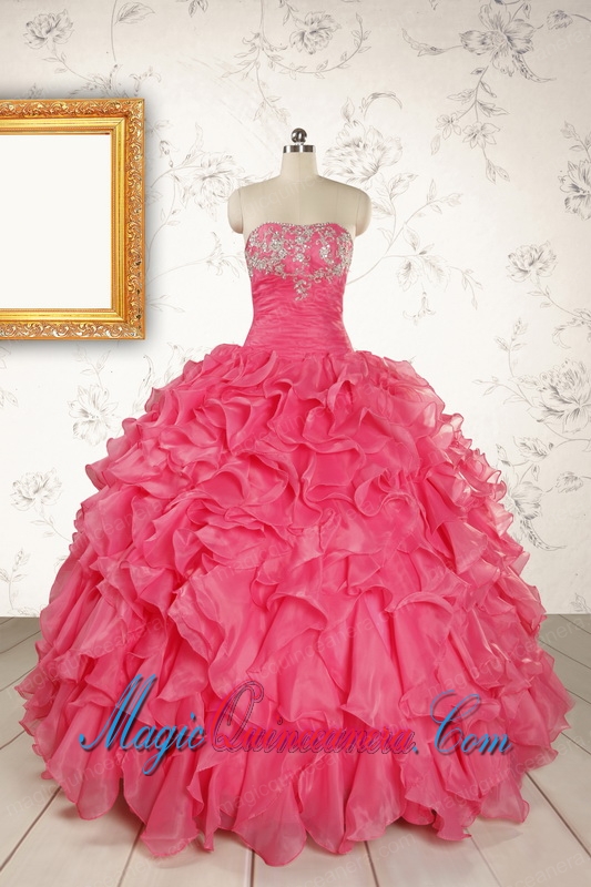 2015 Pretty Beading and Ruffles Hot Pink Quinceanera Dresses with Strapless