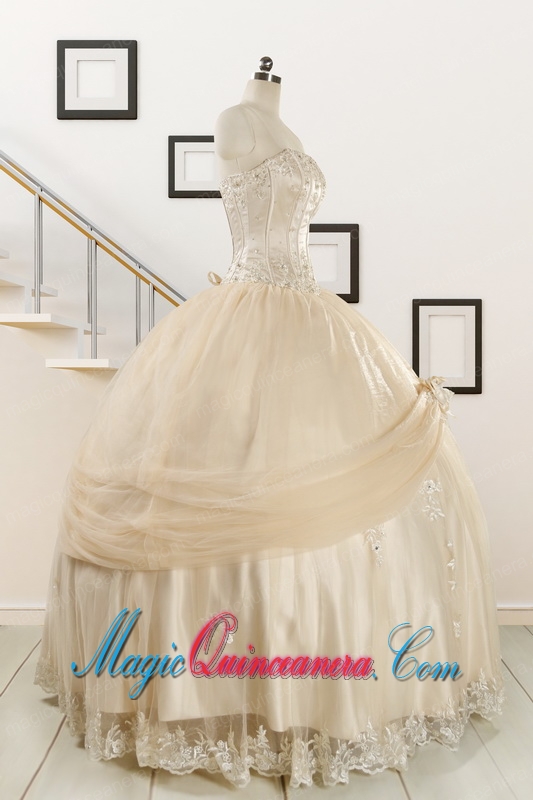 Elegant Appliques 2015 Champagne Quinceanera Dress with Wraps