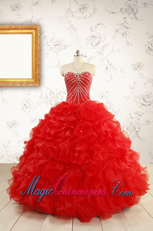 Exquisite Beading and Ruffles Red Quinceanera Gowns with Wrap for 2015