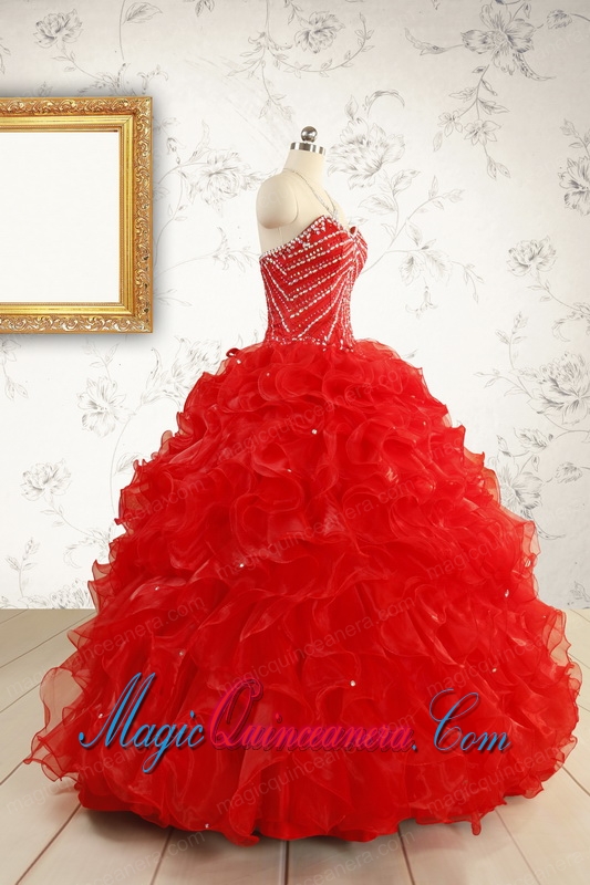 Exquisite Beading and Ruffles Red Quinceanera Gowns with Wrap for 2015