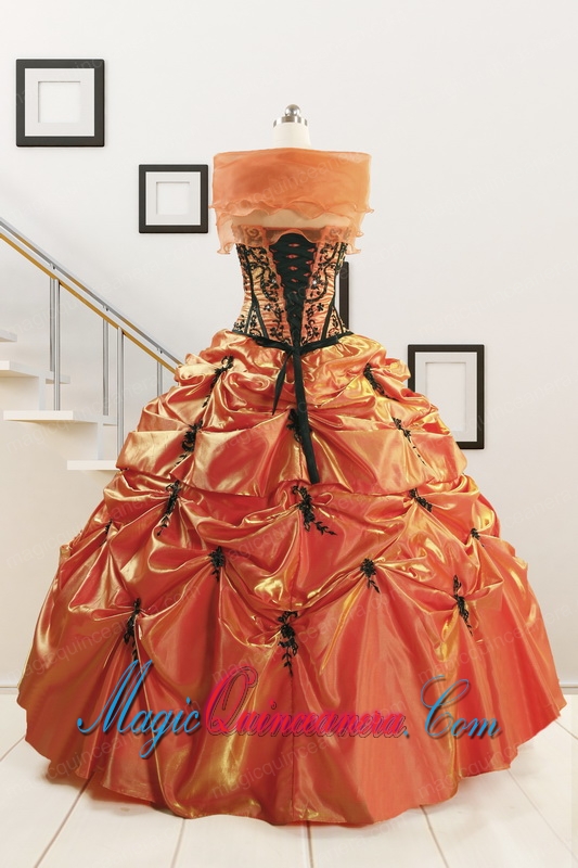Orange Red and Black Sweetheart Appliques Quinceanera Dresses with Wraps