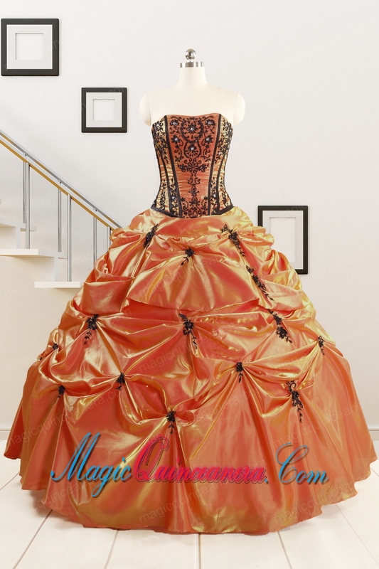 Orange Red and Black Sweetheart Appliques Quinceanera Dresses with Wraps