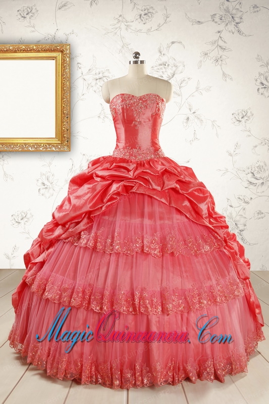 2015 Puffy Appliques Watermelon Quinceanera Dresses with Strapless