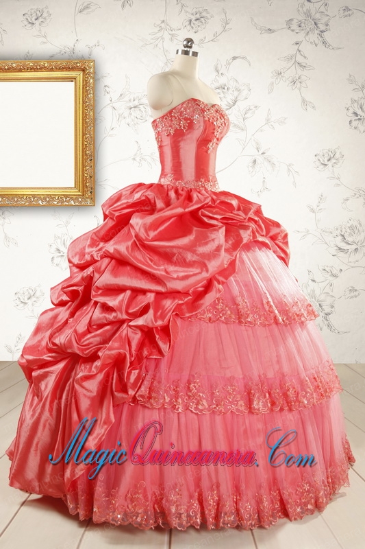 2015 Puffy Appliques Watermelon Quinceanera Dresses with Strapless