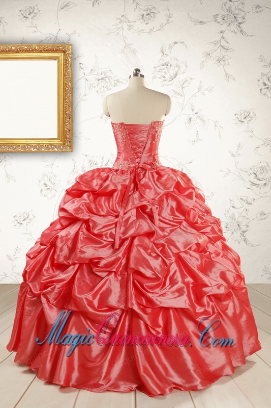 2015 Puffy Appliques Watermelon Quinceanera Dresses with Strapless
