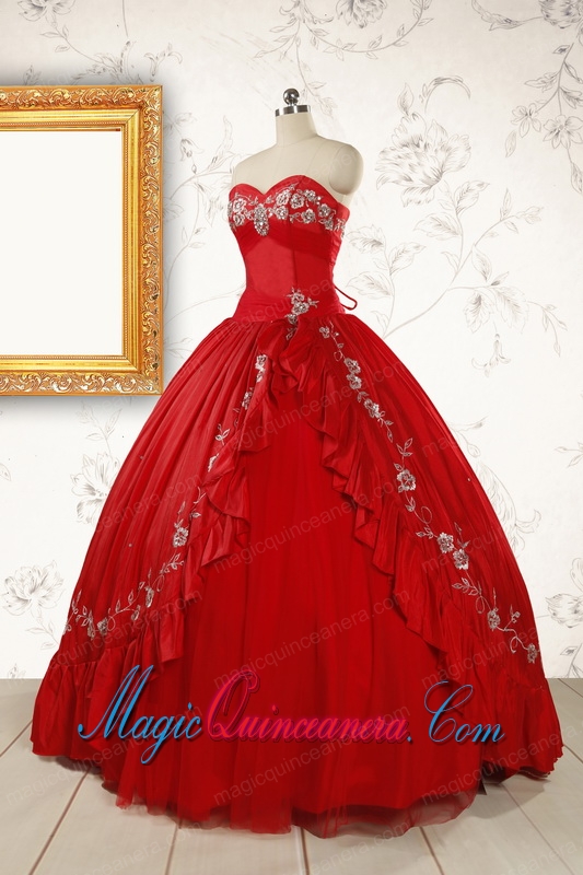 2015 Cheap Sweetheart Red Puffy Quinceanera Dresses with Embroidery