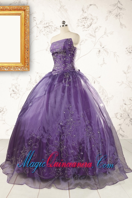 2015 Discount Purple Strapless Appliques Quinceanera Dresses