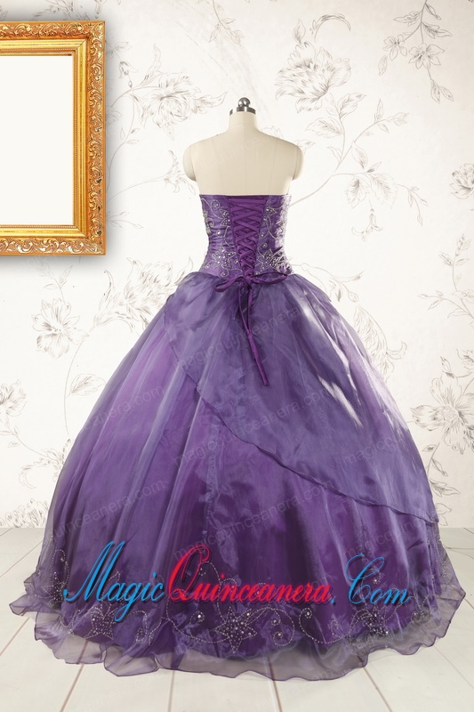 2015 Discount Purple Strapless Appliques Quinceanera Dresses