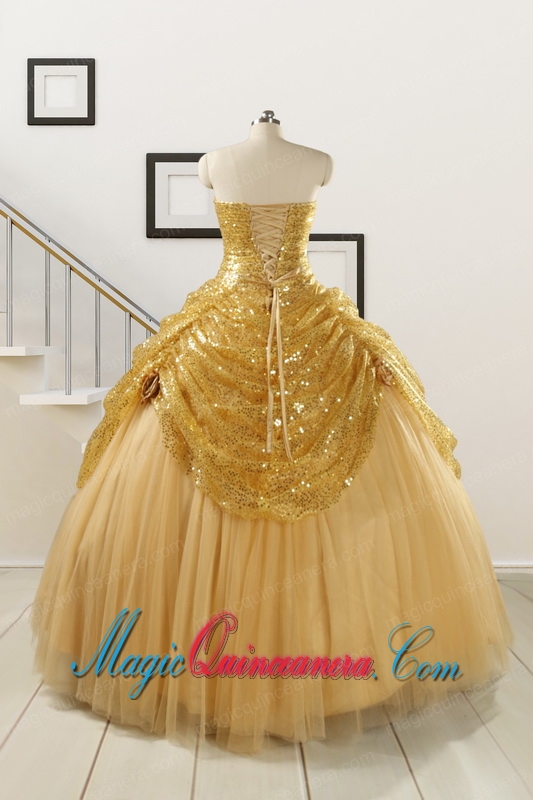 2015 Most Popular Sweetheart Sequined Quinceanera Dresses in Gold