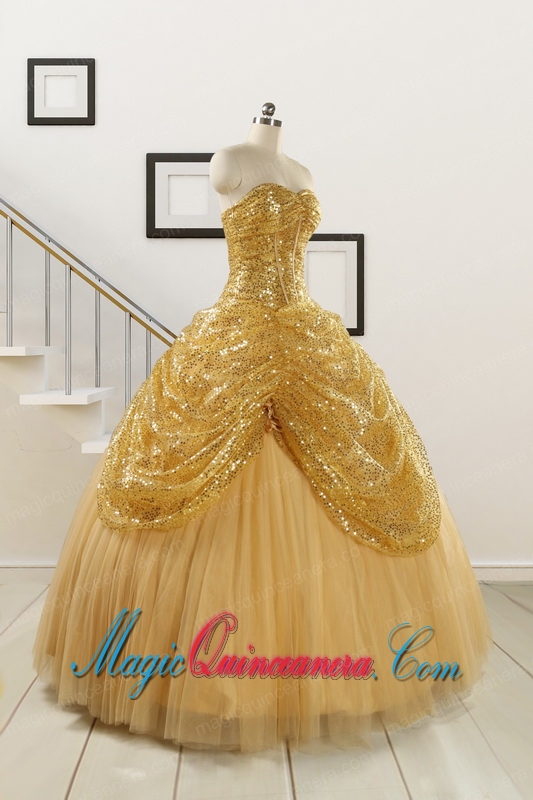 2015 Most Popular Sweetheart Sequined Quinceanera Dresses in Gold