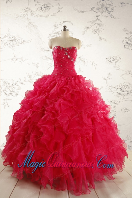 2015 Pretty Beading Red Quinceanera Dresses with Sweetheart