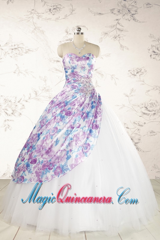 2015 Printed Multi-color Quinceanera Dresses with Beading and Ruching