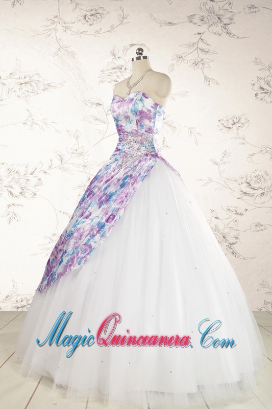 2015 Printed Multi-color Quinceanera Dresses with Beading and Ruching
