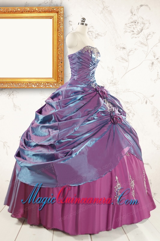 2015 Purple Strapless Quinceanera Dresses with Appliques and Hand Made Flowers