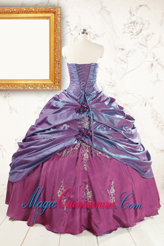 2015 Purple Strapless Quinceanera Dresses with Appliques and Hand Made Flowers