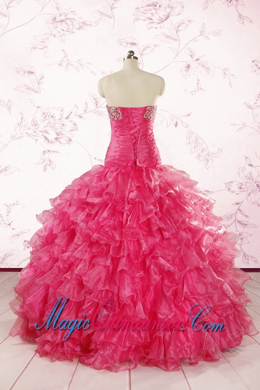 2015 Sweetheart Sequins Ruffles Unique Hot Pink Quinceanera Dresses