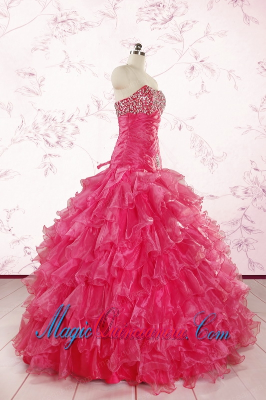 2015 Sweetheart Sequins Ruffles Unique Hot Pink Quinceanera Dresses