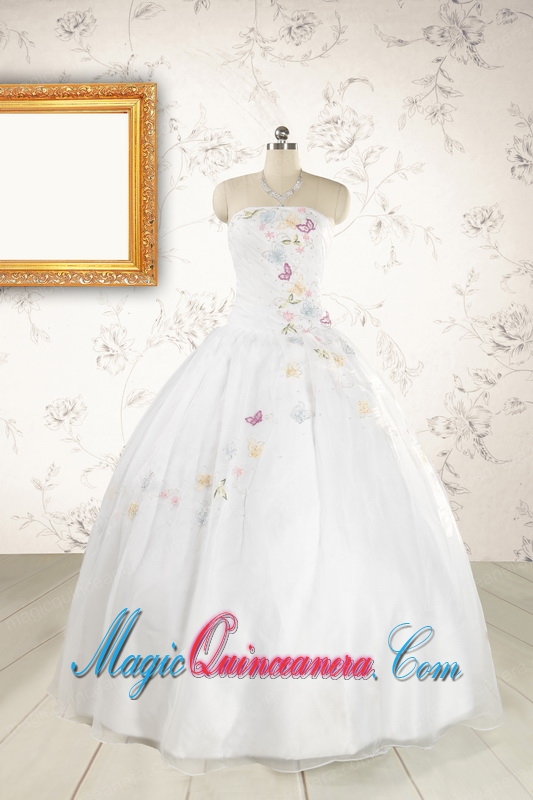 Pretty White Strapless Embroidery 2015 Sweet 16 Dresses