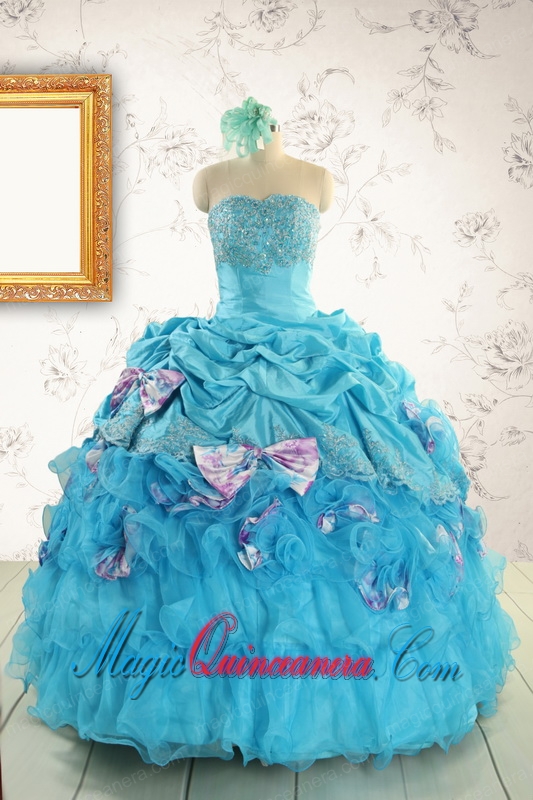 2015 Cheap Aqua Blue Appliques Quinceanera Dresses with Appliques