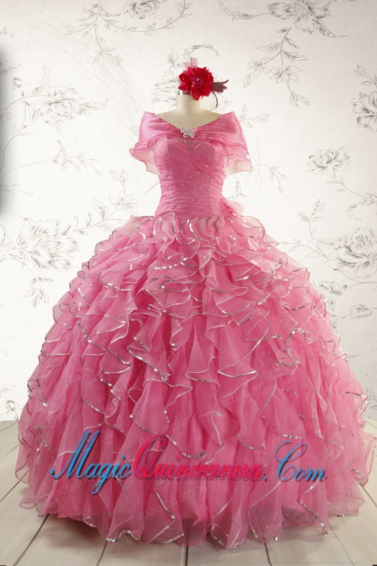 2015 New Style Rose Pink Quinceanera Dresses with Beading