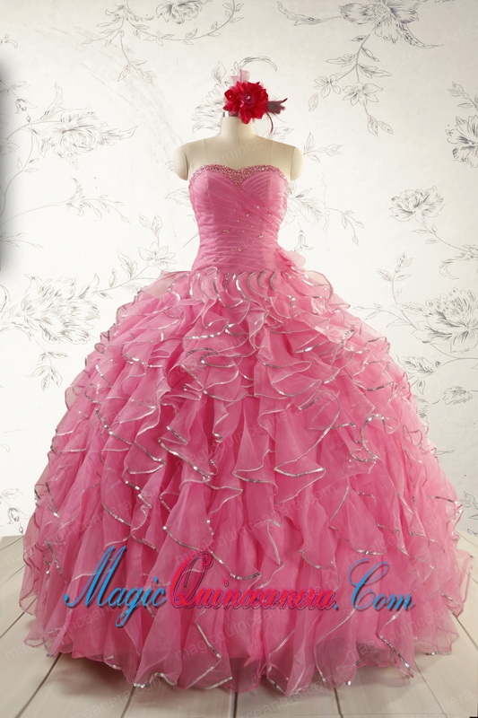2015 New Style Rose Pink Quinceanera Dresses with Beading